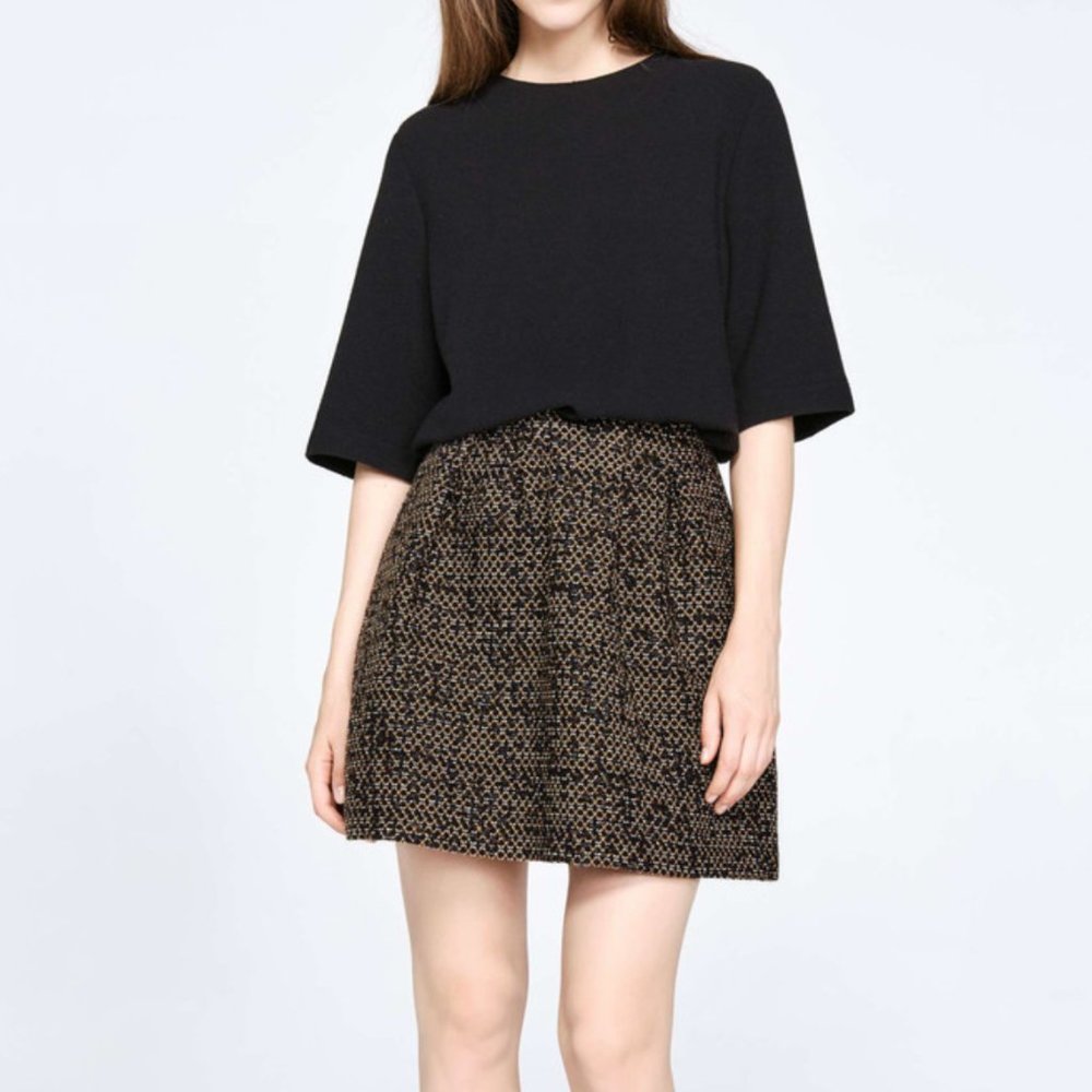 Ba&sh Demy Ochre Dress in Size L Short Sleeve Tweed Black Fit & Flare Jacquard